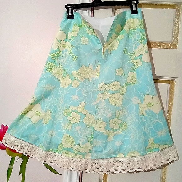 VAMP🌻Boho Green Floral Print A-Line Flared Skirt with Crochet Lace Sz: L - Picture 5 of 10